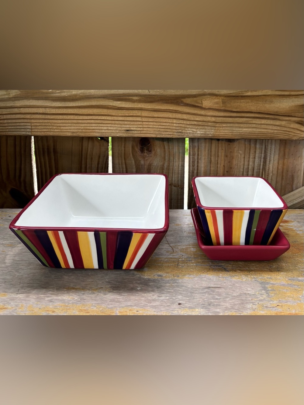 Set of 3 Pampered Chef Simple Additions Square Striped Bowls & Red Saucer
